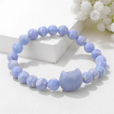 Unique Cute Cat Head Stone Bracelet For Women Natural Beaded Blue Lace Agates Bracelet Men Elastic Jewelry Friendship Party