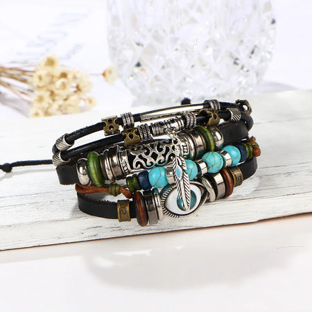 Boho Stone Feather Multilayer Leather Bracelets Eye Fish Charm Bead Bracelet for Women Men Vintage Punk Wrap Set Couple Bangle