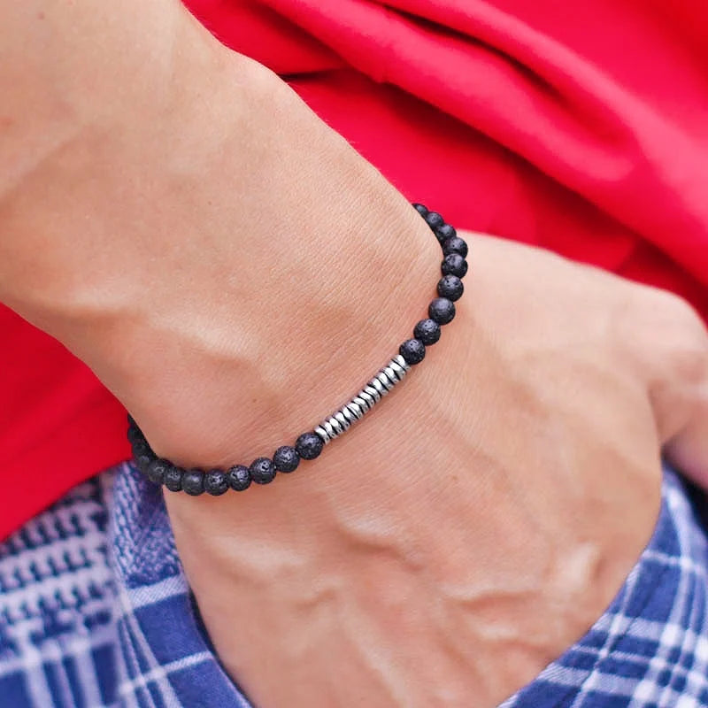 New 4mm Stone Bracelet Men Natural Volcanic Rock Tiger Eye Braslet Beaded Silver Color Hematite Elastic Braclet Pulsera Hombre