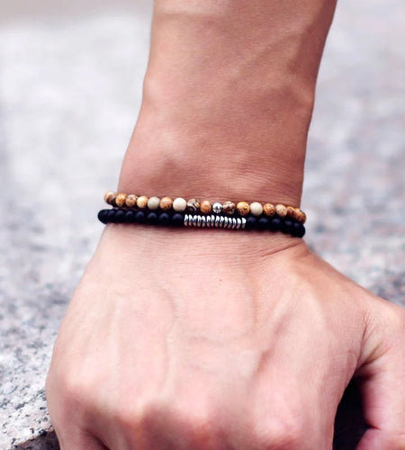 New 4mm Stone Bracelet Men Natural Volcanic Rock Tiger Eye Braslet Beaded Silver Color Hematite Elastic Braclet Pulsera Hombre