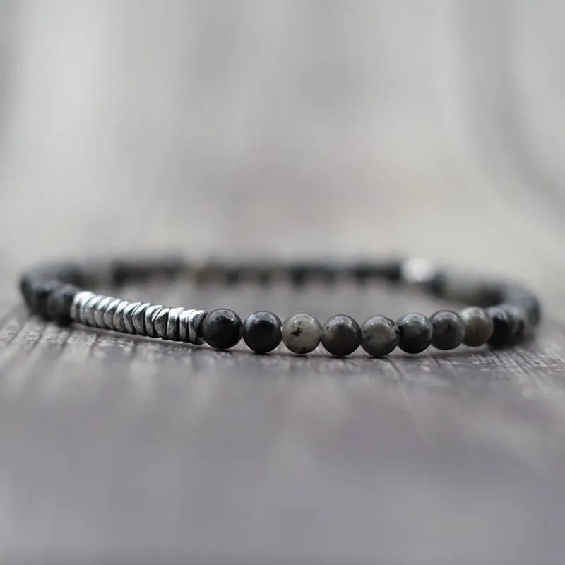 New 4mm Stone Bracelet Men Natural Volcanic Rock Tiger Eye Braslet Beaded Silver Color Hematite Elastic Braclet Pulsera Hombre