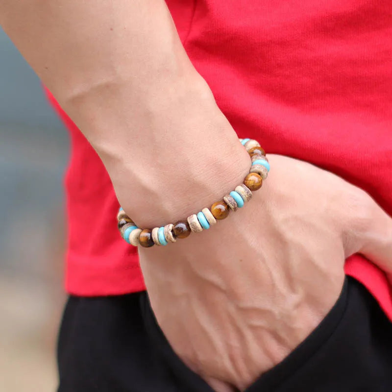 Natural Lava Tiger eye Bracelet Men Stone Vintage Wenge Wood Braslet Sanskrit Prayer Buddha Braclet Beaded Brazalete For Hombre