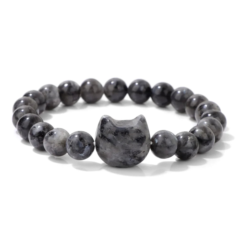 Unique Cute Cat Head Stone Bracelet For Women Natural Beaded Blue Lace Agates Bracelet Men Elastic Jewelry Friendship Party