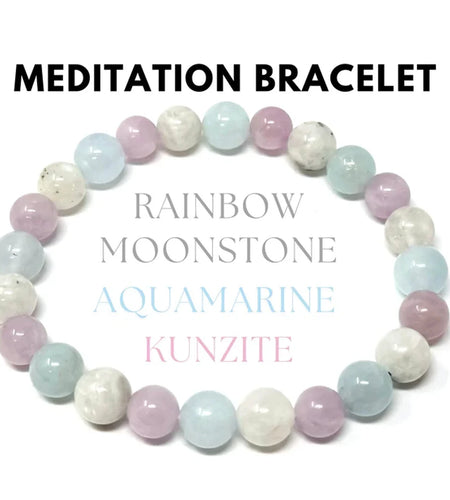 Meditation Bracelet Aquamarine Rainbow Moonstone Kunzite Grounding Meditation Bracelet Gifts for Men and Women