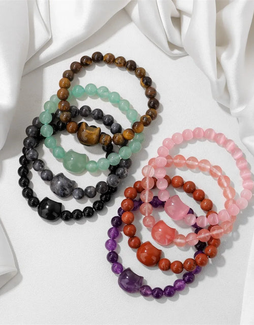 Load image into Gallery viewer, Unique Cute Cat Head Stone Bracelet For Women Natural Beaded Blue Lace Agates Bracelet Men Elastic Jewelry Friendship Party

