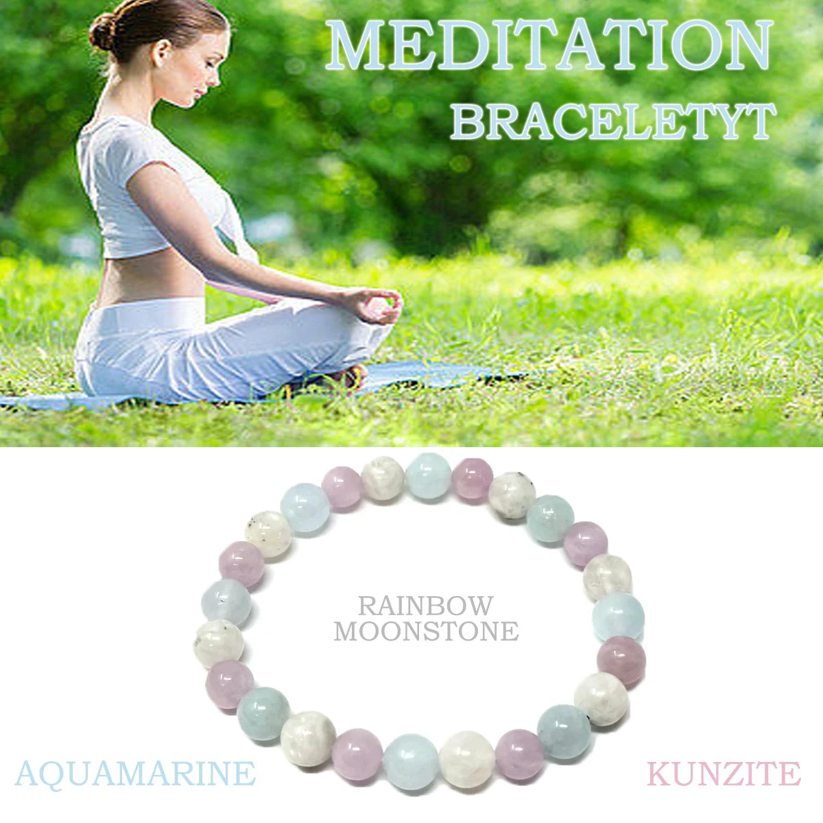 Meditation Bracelet Aquamarine Rainbow Moonstone Kunzite Grounding Meditation Bracelet Gifts for Men and Women