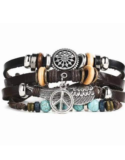 Load image into Gallery viewer, Boho Stone Feather Multilayer Leather Bracelets Eye Fish Charm Bead Bracelet for Women Men Vintage Punk Wrap Set Couple Bangle
