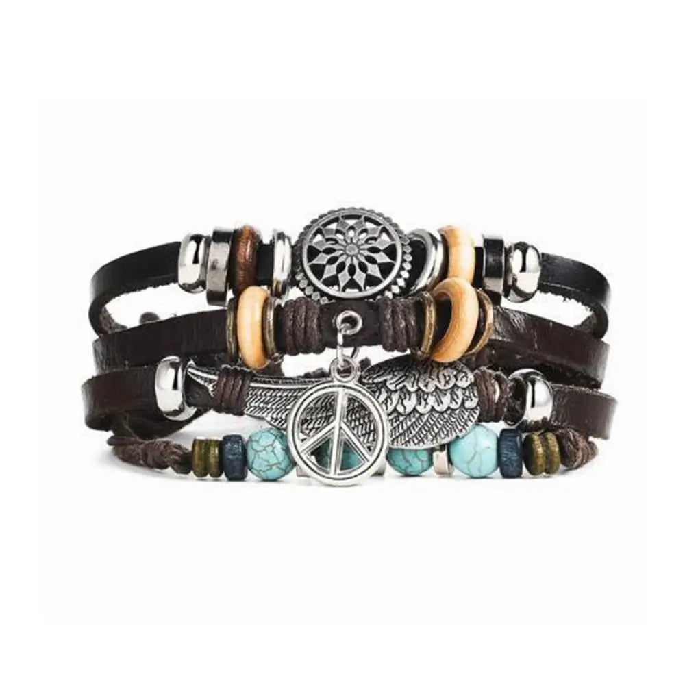 Boho Stone Feather Multilayer Leather Bracelets Eye Fish Charm Bead Bracelet for Women Men Vintage Punk Wrap Set Couple Bangle