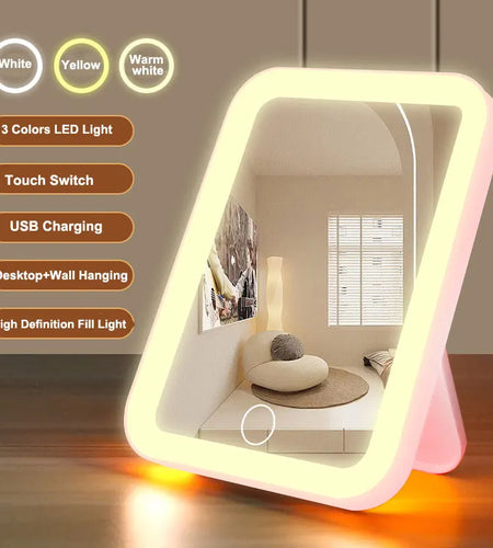 3 Colors LED Vanity Mirror with Touch Screen USB Rechargeable Dimming Makeup Mirror 3 Brightness Portable