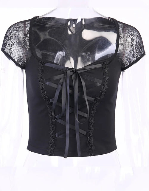 Load image into Gallery viewer, Vintage Tops Goth T-shirt Women Bodycon Bandage Lace Black T-shirts Gothic Streetwear Sexy Female Top Casual Mesh Tee
