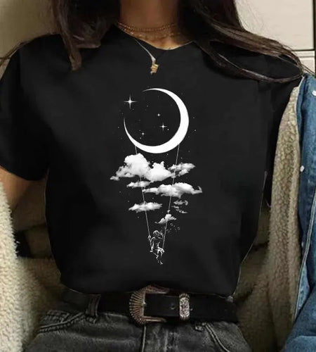 Moon Harajuku Funny 90s Women T Shirt Girl Cartoon Graphic Printed Black Ladies T-shirt Casual Woman Shirt Kawaii Tee Shirt