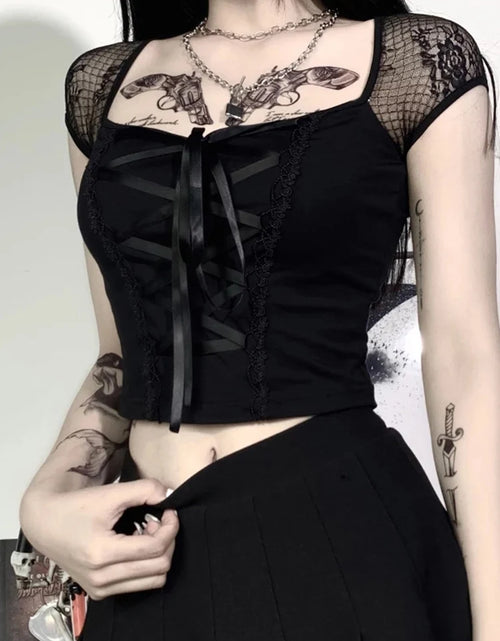 Load image into Gallery viewer, Vintage Tops Goth T-shirt Women Bodycon Bandage Lace Black T-shirts Gothic Streetwear Sexy Female Top Casual Mesh Tee
