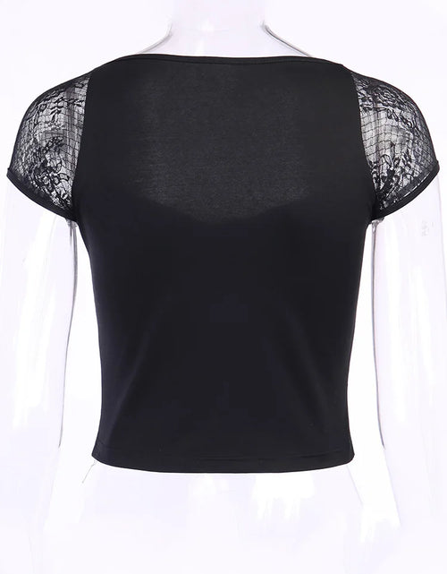 Load image into Gallery viewer, Vintage Tops Goth T-shirt Women Bodycon Bandage Lace Black T-shirts Gothic Streetwear Sexy Female Top Casual Mesh Tee
