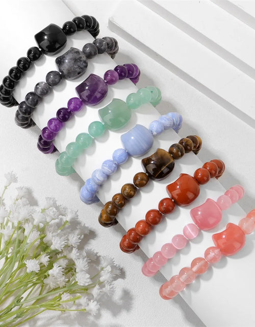 Load image into Gallery viewer, Unique Cute Cat Head Stone Bracelet For Women Natural Beaded Blue Lace Agates Bracelet Men Elastic Jewelry Friendship Party
