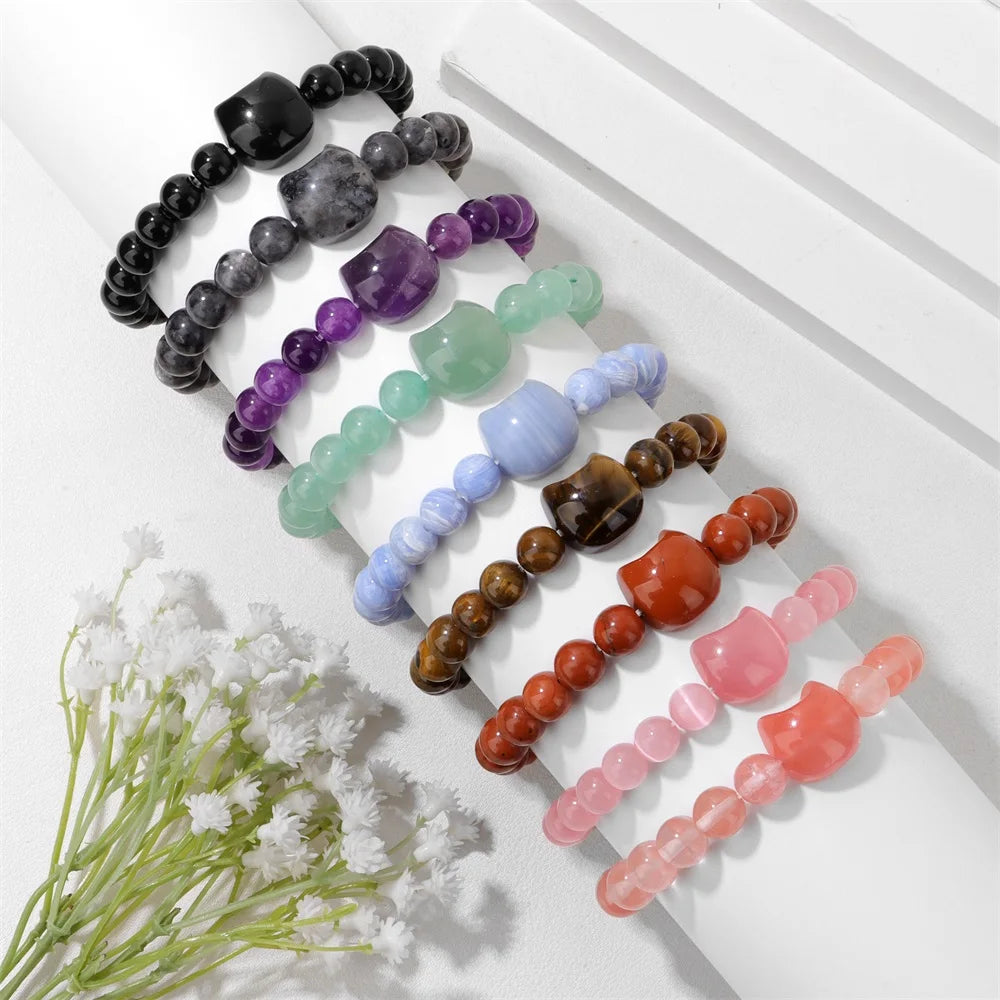 Unique Cute Cat Head Stone Bracelet For Women Natural Beaded Blue Lace Agates Bracelet Men Elastic Jewelry Friendship Party