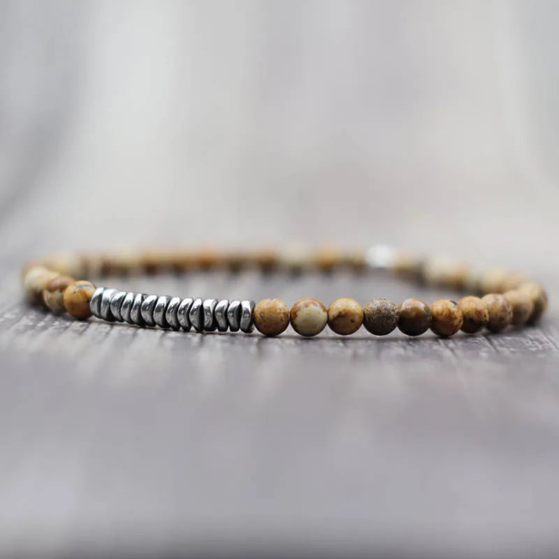 New 4mm Stone Bracelet Men Natural Volcanic Rock Tiger Eye Braslet Beaded Silver Color Hematite Elastic Braclet Pulsera Hombre