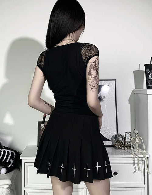 Load image into Gallery viewer, Vintage Tops Goth T-shirt Women Bodycon Bandage Lace Black T-shirts Gothic Streetwear Sexy Female Top Casual Mesh Tee
