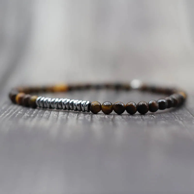 New 4mm Stone Bracelet Men Natural Volcanic Rock Tiger Eye Braslet Beaded Silver Color Hematite Elastic Braclet Pulsera Hombre