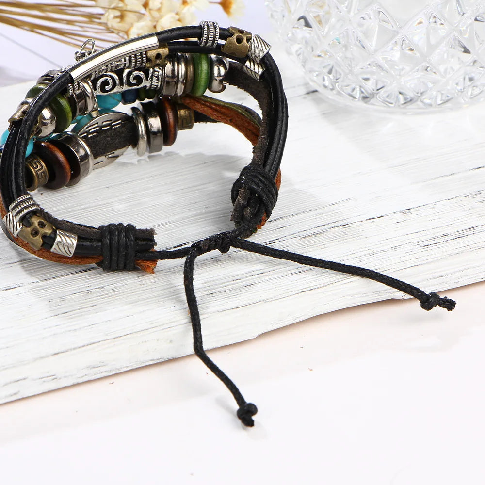 Boho Stone Feather Multilayer Leather Bracelets Eye Fish Charm Bead Bracelet for Women Men Vintage Punk Wrap Set Couple Bangle