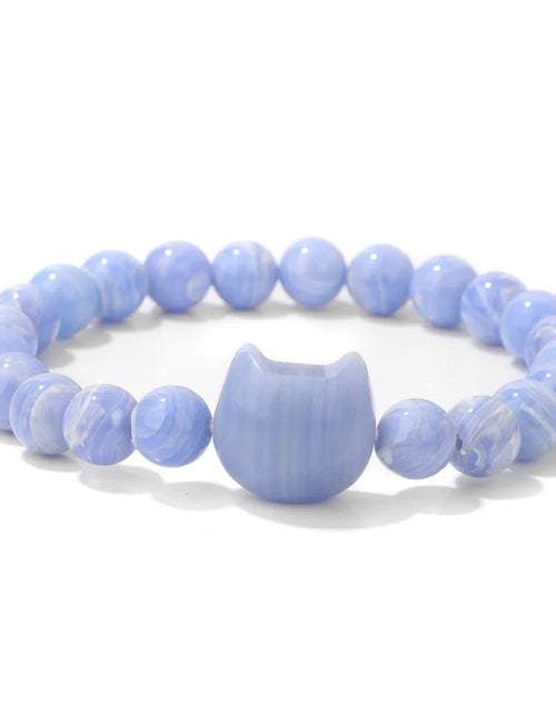 Load image into Gallery viewer, Unique Cute Cat Head Stone Bracelet For Women Natural Beaded Blue Lace Agates Bracelet Men Elastic Jewelry Friendship Party

