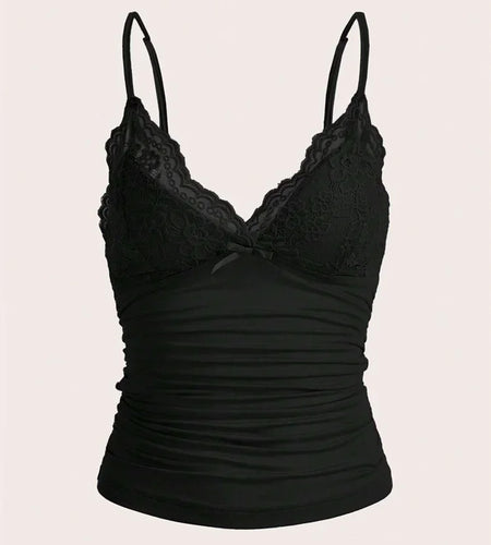 Sexy Contrast Lace Bow Front Crop Cami Top Women 2025 Summer Grunge Punk Y2K Clothes Ruched Skinny Backless Tee Shirt