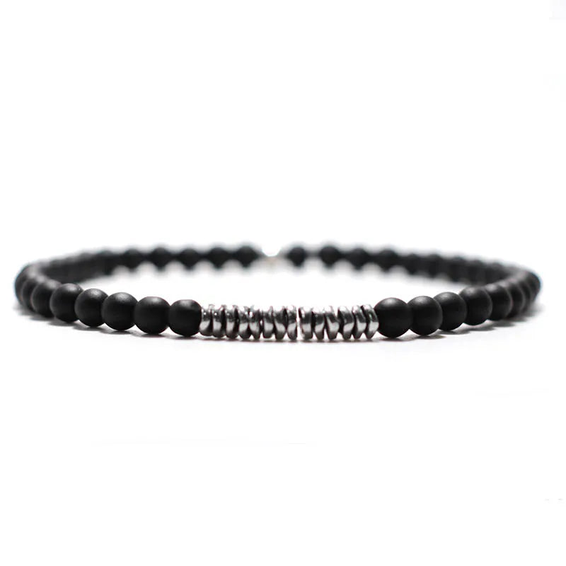New 4mm Stone Bracelet Men Natural Volcanic Rock Tiger Eye Braslet Beaded Silver Color Hematite Elastic Braclet Pulsera Hombre