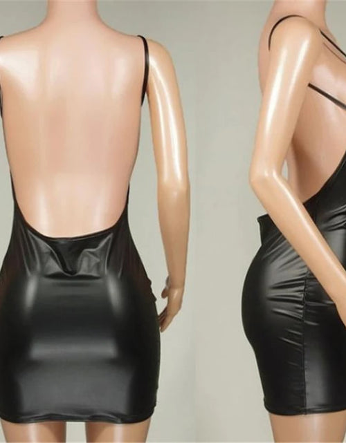 Load image into Gallery viewer, Sexy Faux Leather Dress Backless Club Party Short Dress Solid Black Wet Look Latex Bodycon Push Up Bra Mini Micro Dress
