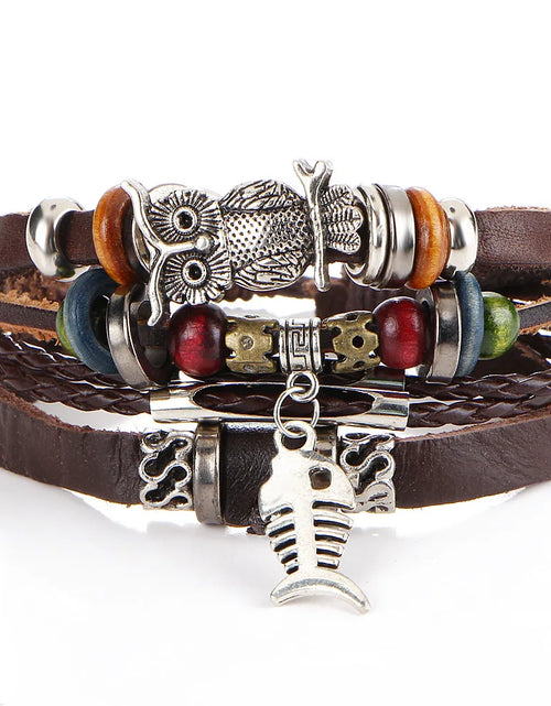 Load image into Gallery viewer, Boho Stone Feather Multilayer Leather Bracelets Eye Fish Charm Bead Bracelet for Women Men Vintage Punk Wrap Set Couple Bangle
