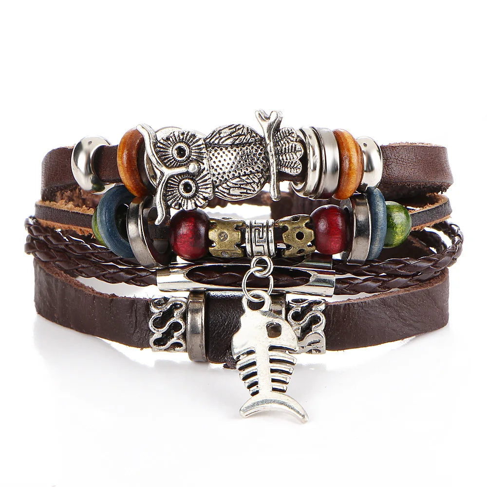 Boho Stone Feather Multilayer Leather Bracelets Eye Fish Charm Bead Bracelet for Women Men Vintage Punk Wrap Set Couple Bangle