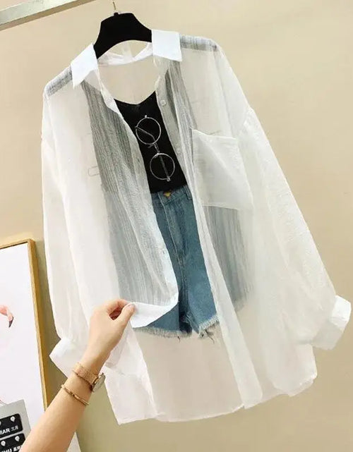 Load image into Gallery viewer, Summer Sunscreen Shirt Elegant Perspective Thin Chiffon Blouse Korean Harajuku See Through Loose Top Casual Women&#39;s Cardigan
