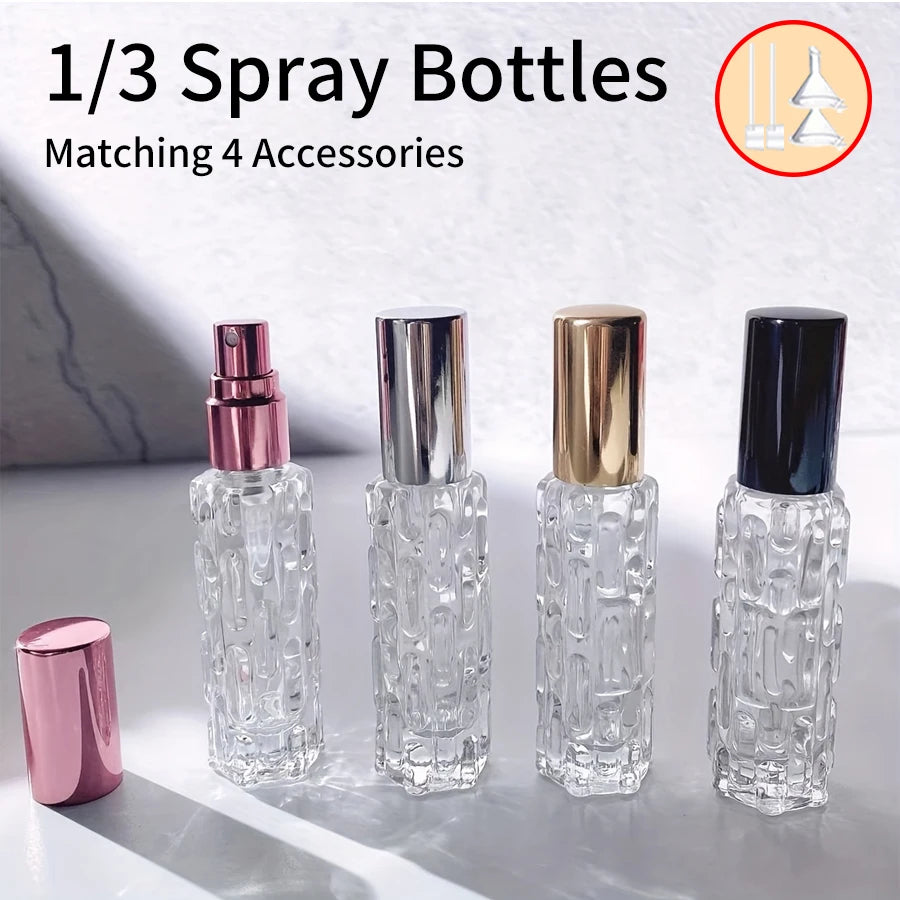 1/3/6pcs+4 accessories 10ml travel mini perfume atomizer container with 3 spray bottles, 2 funnels, 2 dispenser diviners