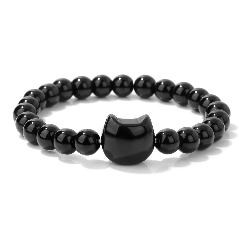 Unique Cute Cat Head Stone Bracelet For Women Natural Beaded Blue Lace Agates Bracelet Men Elastic Jewelry Friendship Party