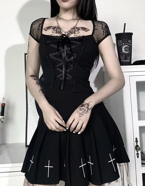 Load image into Gallery viewer, Vintage Tops Goth T-shirt Women Bodycon Bandage Lace Black T-shirts Gothic Streetwear Sexy Female Top Casual Mesh Tee
