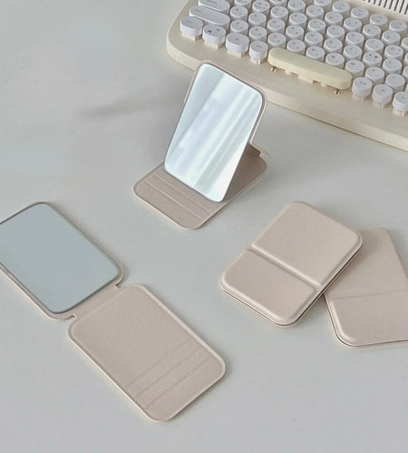 Desktop Makeup Mirror Solid Color PU Leather Simple Portable Handheld Makeup Mirror Foldable Student Compact Cute Pocket Mirror