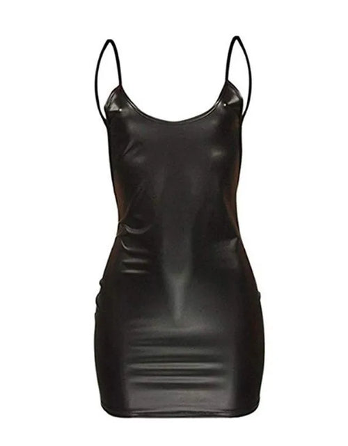 Load image into Gallery viewer, Sexy Faux Leather Dress Backless Club Party Short Dress Solid Black Wet Look Latex Bodycon Push Up Bra Mini Micro Dress
