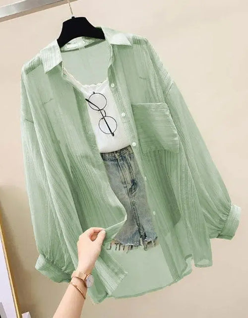 Load image into Gallery viewer, Summer Sunscreen Shirt Elegant Perspective Thin Chiffon Blouse Korean Harajuku See Through Loose Top Casual Women&#39;s Cardigan
