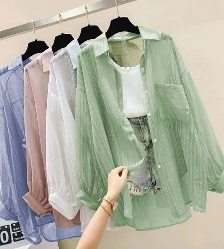 Summer Sunscreen Shirt Elegant Perspective Thin Chiffon Blouse Korean Harajuku See Through Loose Top Casual Women's Cardigan
