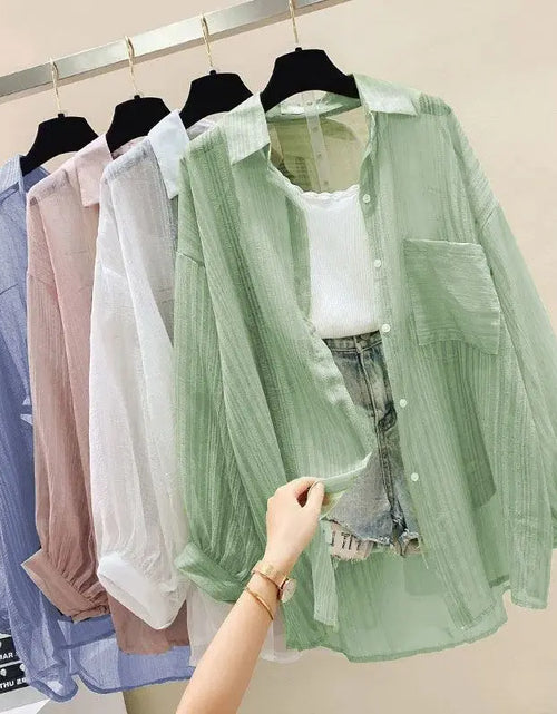 Load image into Gallery viewer, Summer Sunscreen Shirt Elegant Perspective Thin Chiffon Blouse Korean Harajuku See Through Loose Top Casual Women&#39;s Cardigan
