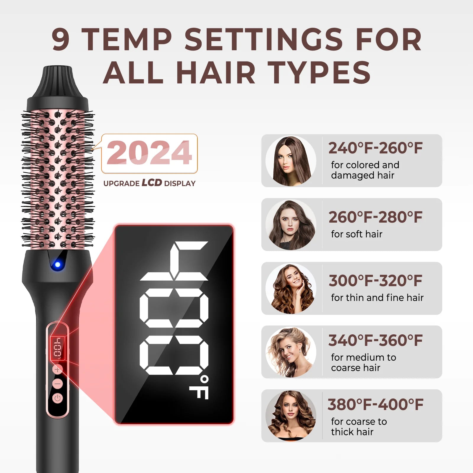 Thermal Brush Curling Iron 9 Temps Heated Round Brush Thermal Round Brush with LCD Display Hair Curler Hair Styling Tools