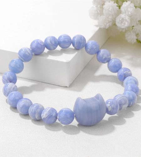Unique Cute Cat Head Stone Bracelet For Women Natural Beaded Blue Lace Agates Bracelet Men Elastic Jewelry Friendship Party