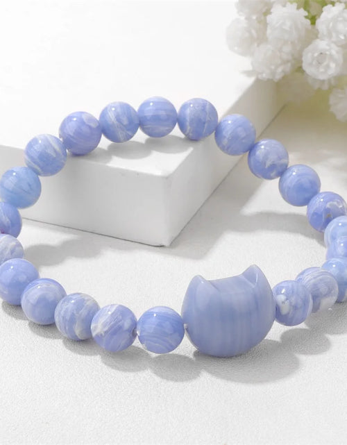 Load image into Gallery viewer, Unique Cute Cat Head Stone Bracelet For Women Natural Beaded Blue Lace Agates Bracelet Men Elastic Jewelry Friendship Party
