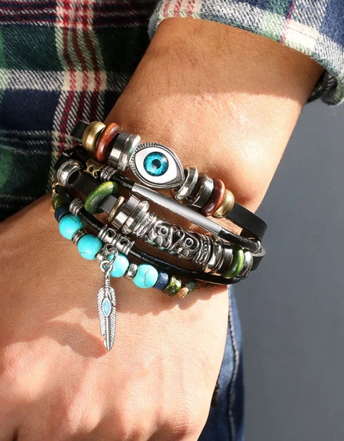 Load image into Gallery viewer, Boho Stone Feather Multilayer Leather Bracelets Eye Fish Charm Bead Bracelet for Women Men Vintage Punk Wrap Set Couple Bangle
