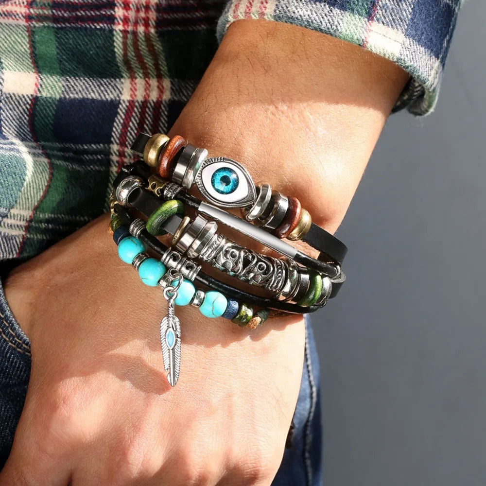 Boho Stone Feather Multilayer Leather Bracelets Eye Fish Charm Bead Bracelet for Women Men Vintage Punk Wrap Set Couple Bangle