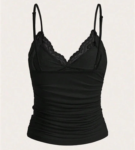 Sexy Contrast Lace Bow Front Crop Cami Top Women 2025 Summer Grunge Punk Y2K Clothes Ruched Skinny Backless Tee Shirt