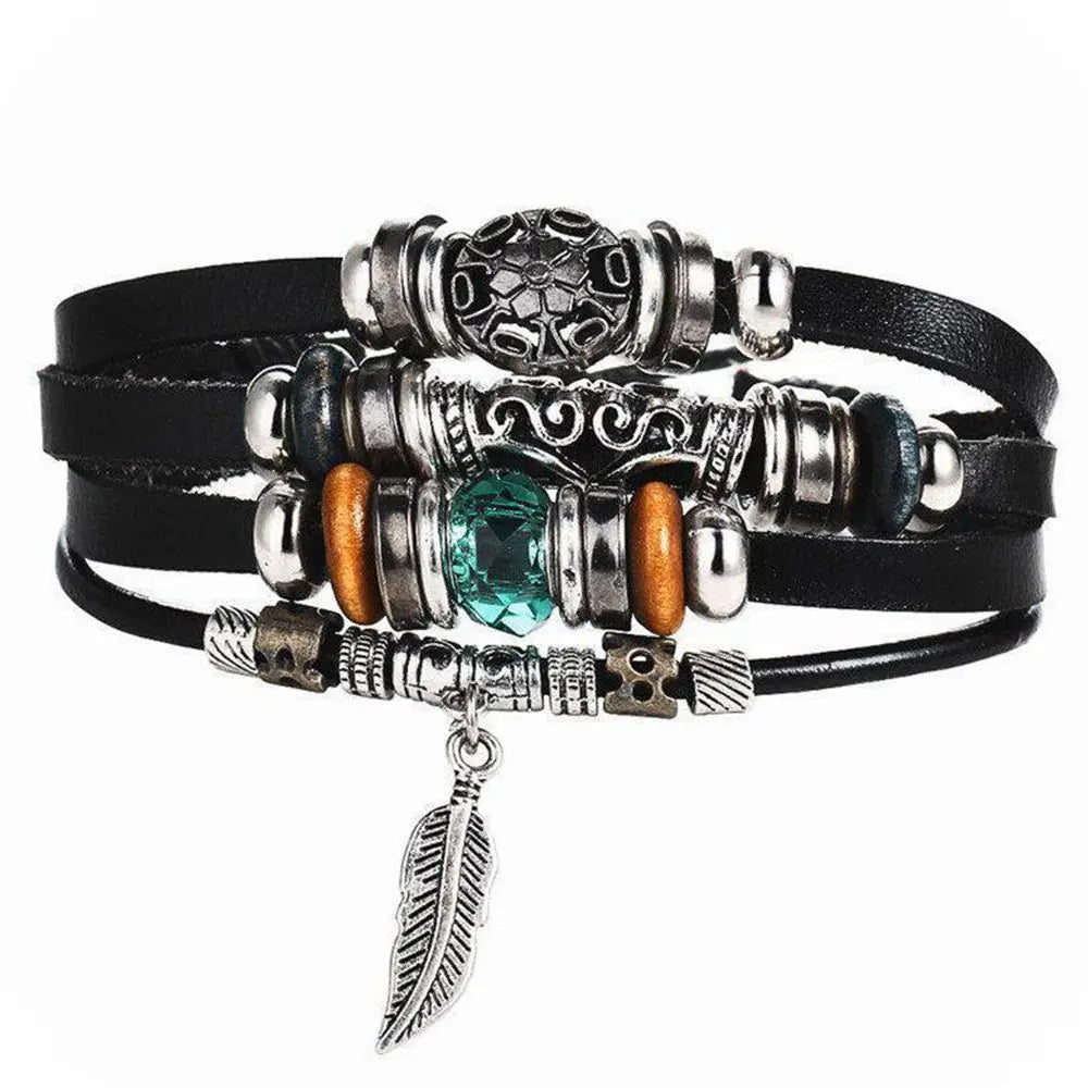 Boho Stone Feather Multilayer Leather Bracelets Eye Fish Charm Bead Bracelet for Women Men Vintage Punk Wrap Set Couple Bangle