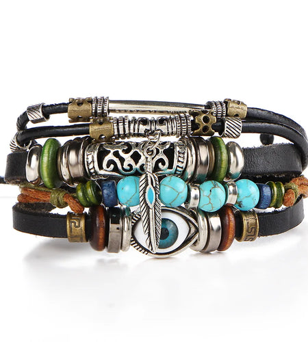 Boho Stone Feather Multilayer Leather Bracelets Eye Fish Charm Bead Bracelet for Women Men Vintage Punk Wrap Set Couple Bangle