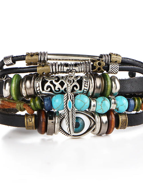Load image into Gallery viewer, Boho Stone Feather Multilayer Leather Bracelets Eye Fish Charm Bead Bracelet for Women Men Vintage Punk Wrap Set Couple Bangle
