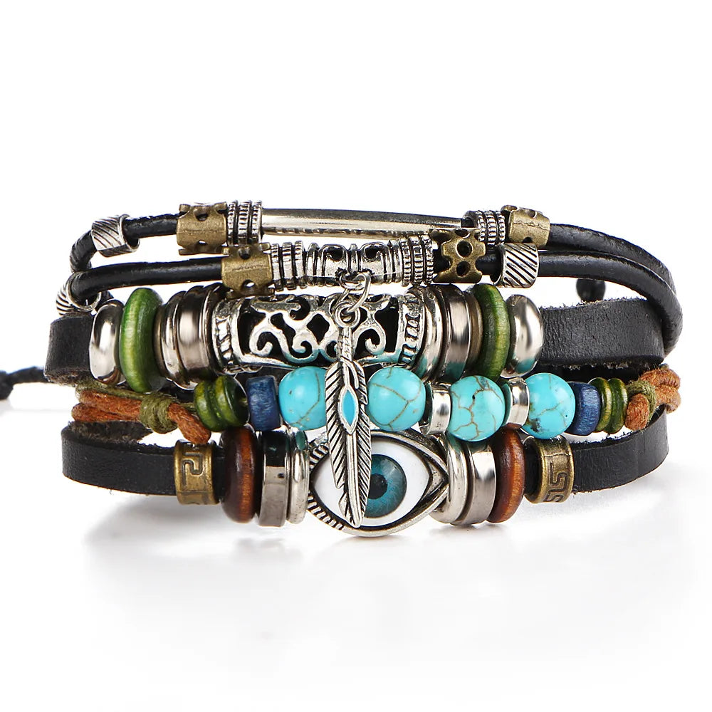 Boho Stone Feather Multilayer Leather Bracelets Eye Fish Charm Bead Bracelet for Women Men Vintage Punk Wrap Set Couple Bangle