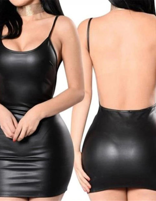 Load image into Gallery viewer, Sexy Faux Leather Dress Backless Club Party Short Dress Solid Black Wet Look Latex Bodycon Push Up Bra Mini Micro Dress
