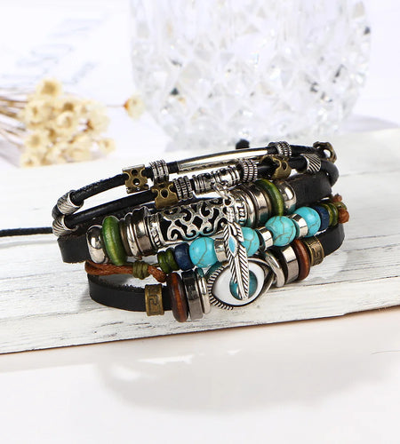 Boho Stone Feather Multilayer Leather Bracelets Eye Fish Charm Bead Bracelet for Women Men Vintage Punk Wrap Set Couple Bangle